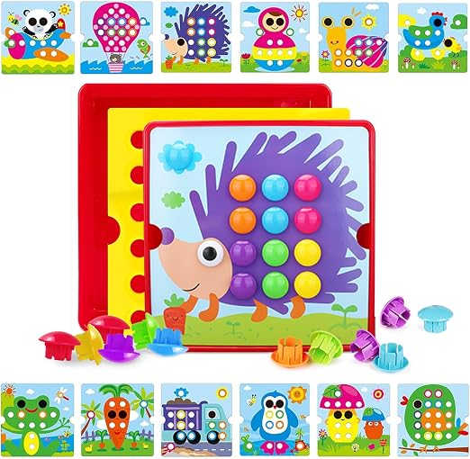 JurciCat Mosaicos Infantiles 12 Cartas y 46 Botones Juego pinchos colores niños juguete educativo Juguetes niños 2 años Regalos de cumpleaños para niños Regalos preescolares(Erizos)
