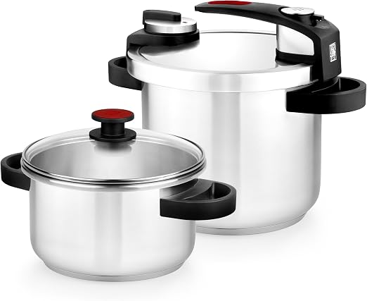 BRA Tekna Set Olla a presión de fácil Apertura 4+7 litros, Fabricada en Acero Inoxidable 18/10, con 2 Programas de Cocción y Sistema de Bloqueo de Apertura, Apta para Todo Tipo de Cocinas