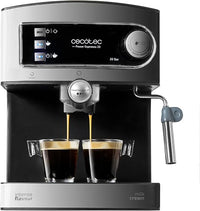 Cecotec Cafetera Express Manual Power Espresso 20. 850W, Presión 20 Bares, Depósito de 1,6L, Brazo Doble Salida, Vaporizador, Superficie Calientatazas, Acabados en Acero Inoxidable