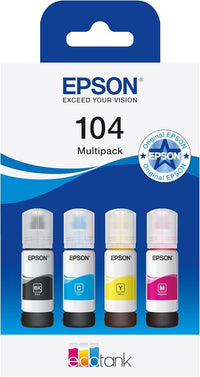 Botellas de tinta originales EcoTank de la serie 104 de Epson - Colores cian, magenta, amarillo y negro