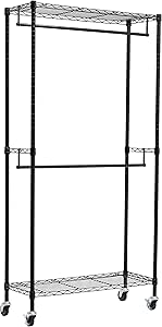 Amazon Basics Perchero de ropa de doble barra con ruedas, Negro 91,4 cm x 35,5 cm x 183 cm (L x W x H)
