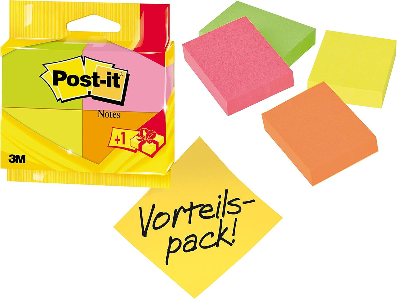 Post-it Notes, Verschiedene Neonfarben, Promotion, 3 Blöcke + 1 GRATIS, 38 mm x 51 mm - Selbstklebende Notizzettel zum Notieren, für To-Do-Listen und als Erinnerung