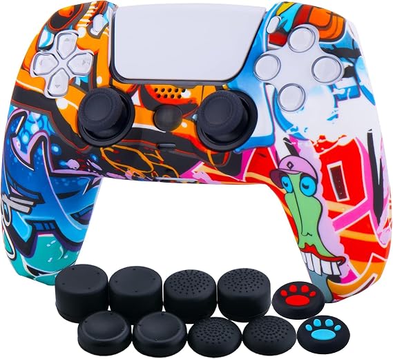 Yorha Drucken Silikon Verdickt Funda Skin Case (Comic Graffiti) para PS5 Controller x 1 con Aufsätze Kappen x 10