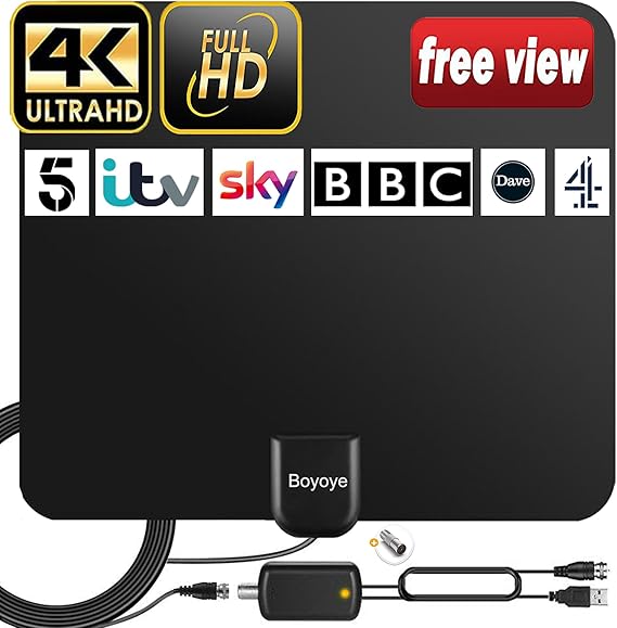 Antena de TV, Boyoye Antena de TV interior para Freeview Digital 4K 1080P HD VHF UHF DVB-T2 DVB-T para Canales Locales Rango de 250+ Millas Compatible Con Todos Los Televisores - Cable Coaxial de 5M