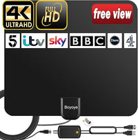 Antena de TV, Boyoye Antena de TV interior para Freeview Digital 4K 1080P HD VHF UHF DVB-T2 DVB-T para Canales Locales Rango de 250+ Millas Compatible Con Todos Los Televisores - Cable Coaxial de 5M