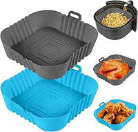 Vicloon Bandeja Accesorios para Freidora, 2 Piezas Olla de de Horno Reutilizable y Antiadherente, Cesta Cuadrada de Silicona para Freidora de Aire para Air Fryer, Microondas, Horno- Azul/Gris