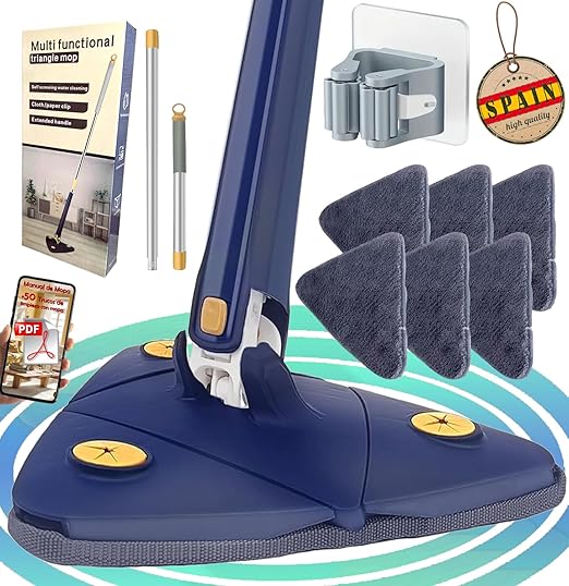 HICAREL® Mopa Triangular Giratoria 360 Autoescurrible de Microfibra, Mopa para Limpiar Azulejos y Paredes, Colgador, 6 Recambios, Manual y Trucos. Fregona Autoescurrible, Suelos, Techos y Ventanas.