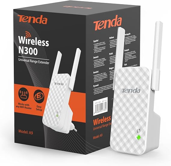 Tenda A9 N300 Repetidor de red Wifi Extensor Amplificador de Cobertura (300Mbps, 2 Antenas externas, Red Cobertura WiFi inalambrico más de 200 Metros, Compatible con los Routers y ADSL/Fibra)