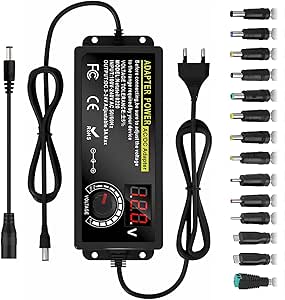 Fuente de alimentación Universal Regulable, 3 V ~ 24 V 3A 72W Ajustable Variable AC/DC Adaptador, 100 V-240 V AC a DC Converter con Pantalla de tensión LED y 14 Puntas y convertidor de polaridad