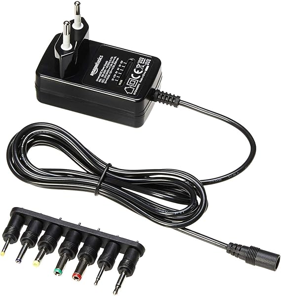 Amazon Basics Adaptador de Fuente de alimentación de CC, Universal, con 7 Conectores Intercambiables, 3-12 V, polaridad Reversible, Extra Grande, Negro