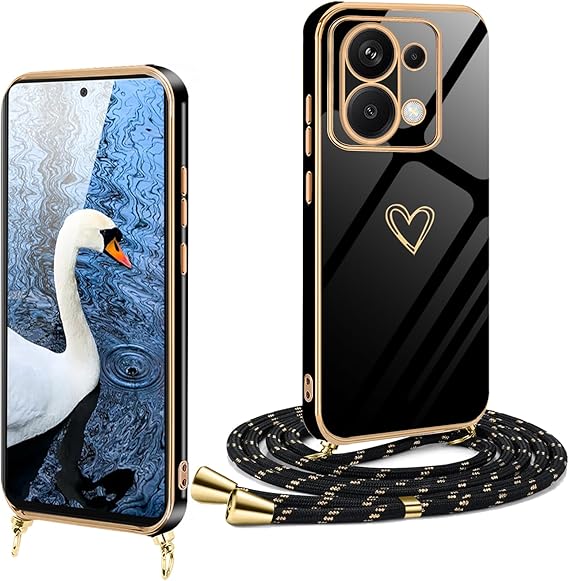 Funda para Redmi Note 13 Pro 4G con Cuerda Antigolpes Carcasa para Redmi Note 13 Pro 4G con Correa Colgante Ajustable Collar de Cuello Fundas con Cordón Silicona Cover de Corazón con Oro de Lujo Case
