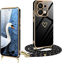 Funda para Redmi Note 13 Pro 4G con Cuerda Antigolpes Carcasa para Redmi Note 13 Pro 4G con Correa Colgante Ajustable Collar de Cuello Fundas con Cordón Silicona Cover de Corazón con Oro de Lujo Case