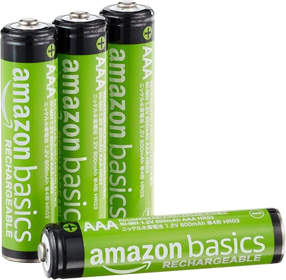 Amazon Basics paquete de 4 pilas AAA NiMH recargables, 800 mAh, 1,2 V, se recargan hasta 1000 veces, precargadas