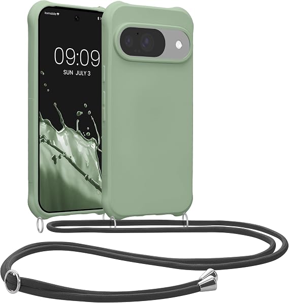 kwmobile Carcasa Colgante Compatible con Google Pixel 10 / Pixel 10 Pro Funda con Cuerda - Funda con Correa Colgante Ajustable - Gris Verdoso Mate
