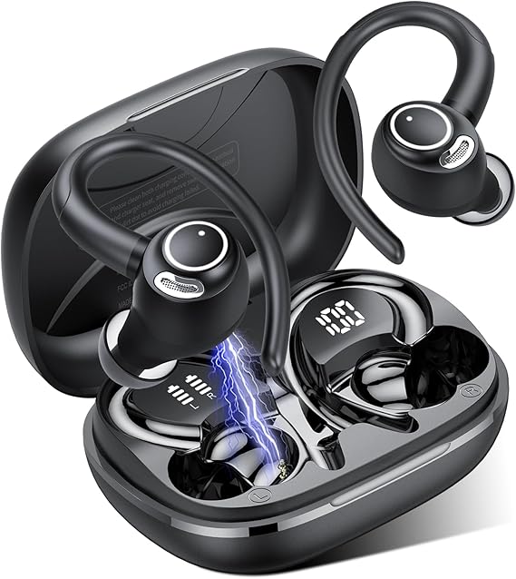 Jesebang Auriculares Inalámbricos Deportivos, Auriculares Bluetooth 5.3 con HD Micrófono, Sonido Premium, 40H de Reproducción, Pantalla LED, Cómodos de Llevar, Cascos Inalambricos con Gancho, Negro