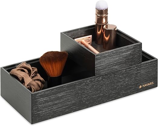 Navaris 2x Caja de almacenamiento de bambú - Cajones apilables para almacenaje - Set organizador apilable sin tapa de cajas multiusos - Negro