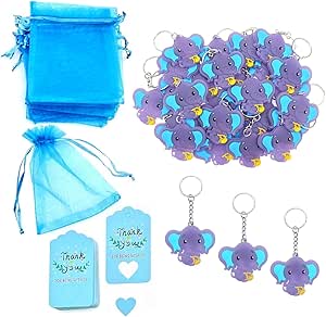 JZK 30x Regalos fiesta bautismo baby shower niño azul, llaveros elefante con bolsas confeti y juego etiquetas regalo, bebé niño 1er cumpleaños recién nacido fiesta bautizo regalo recuerdo