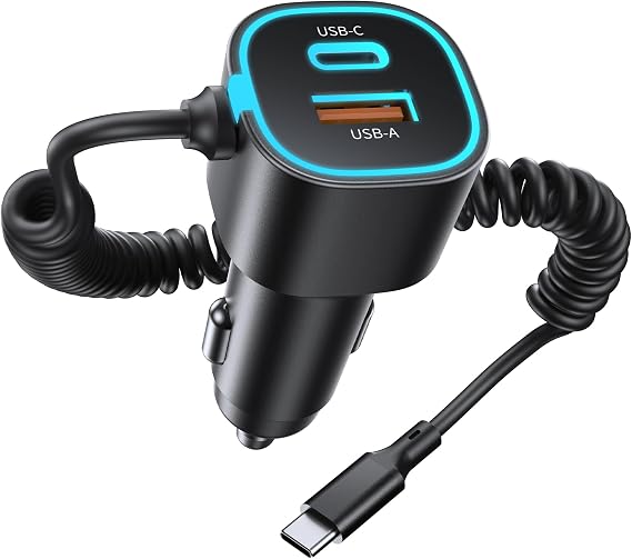 GuMosh 3-Ports Zigarettezünder USB C, 65W + 30W Auto Ladegerät Adapter mit 1.5M Spiral Typ C Kabel, 12-24V Kfz Ladegerät USB C Kompatibel mit iPhone 17 16 15 Pro Max Plus, Galaxy S25 24, GPS, usw.