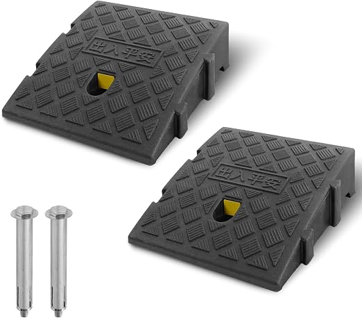 Rampas de bordillo Antideslizantes, 2 Unidades, rampa para Silla de Ruedas, Coches y Motos, plástico Resistente, Altura 7-13 cm, Incluye 2 Pernos de fijación
