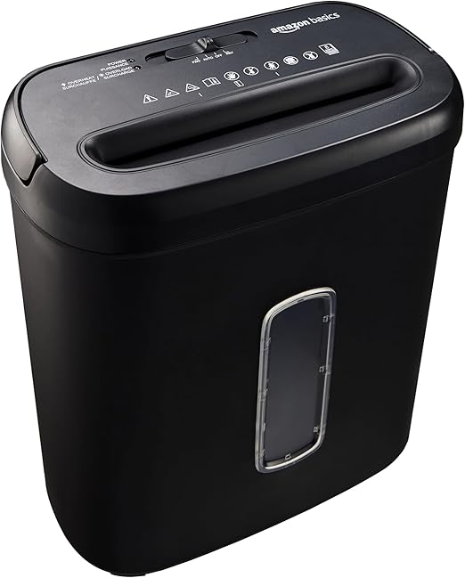 Amazon Basics Trituradora de papel de 8 hojas de corte transversal para triturar papel y tarjetas de crédito, 8 hojas (modelo nuevo, color negro)