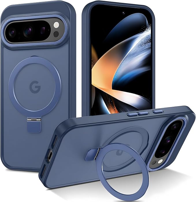 ROUMAYMAY Funda magnética para Google Pixel 9/9 Pro/10/10 Pro con soporte, soporte de anillo plegable [compatible con Magsafe], funda translúcida para Google Pixel 9/9 Pro/10/10 Pro, color azul
