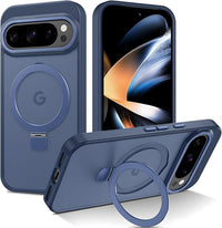 ROUMAYMAY Funda magnética para Google Pixel 9/9 Pro/10/10 Pro con soporte, soporte de anillo plegable [compatible con Magsafe], funda translúcida para Google Pixel 9/9 Pro/10/10 Pro, color azul