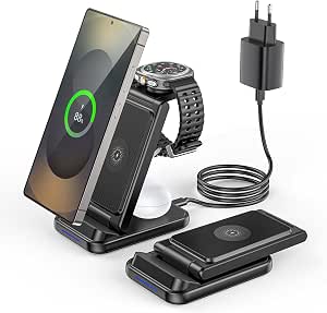 Cargador Inalámbrico 3 en 1 para Samsung - Estación de Carga Rápida Plegable con Doble Bobina Compatible con Galaxy Watch 7/6/5/4/3/Pro,Galaxy Buds, S25/S24 Ultra/S23/S22/S21/Note/Z Fold & i-Phone