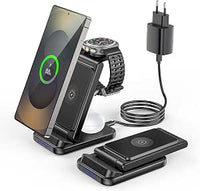 Cargador Inalámbrico 3 en 1 para Samsung - Estación de Carga Rápida Plegable con Doble Bobina Compatible con Galaxy Watch 7/6/5/4/3/Pro,Galaxy Buds, S25/S24 Ultra/S23/S22/S21/Note/Z Fold & i-Phone