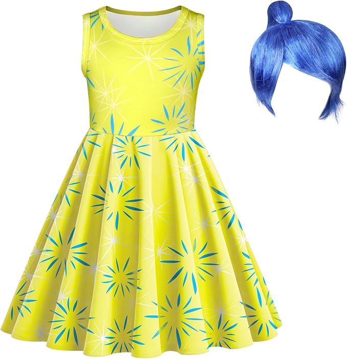 DiULi Disfraces de Cosplay para Niñas, Disfraz del Revés, Vestir De Adentro hacia Afuera con Peluca, Vestido sin Mangas para Halloween Carnaval Cumpleaños Fiesta, Vibrante y Optimista (Amarillo-120)