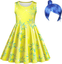 DiULi Disfraces de Cosplay para Niñas, Disfraz del Revés, Vestir De Adentro hacia Afuera con Peluca, Vestido sin Mangas para Halloween Carnaval Cumpleaños Fiesta, Vibrante y Optimista (Amarillo-120)