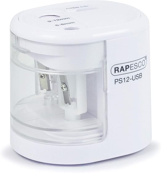 Rapesco 1448 Sacapuntas Eléctrico Automático PS12-USB con Carga USB o Baterías (no incluidas), Blanco