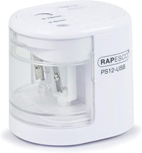 Rapesco 1448 Sacapuntas Eléctrico Automático PS12-USB con Carga USB o Baterías (no incluidas), Blanco