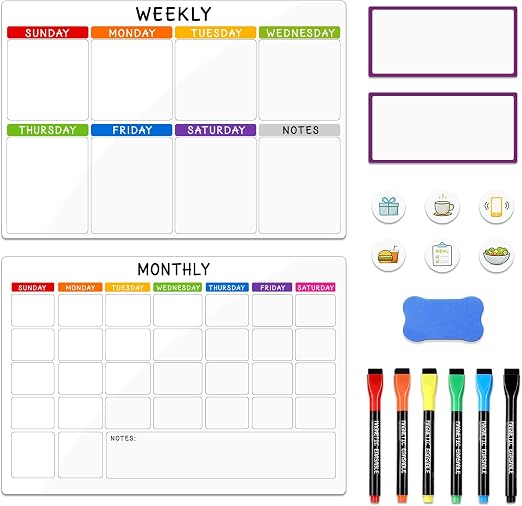 VynyQoo Lavagna Magnetica Frigorifero, Set da 2 (A3 + A4) Lavagne Cancellabili con 6 Pennarelli e 1 Cancellino, Facile da Scrivere e Pulire, Planner Settimanale per Casa, Cucina, Ufficio, Scuola