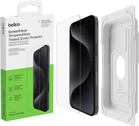 Belkin protector de pantalla ScreenForce TemperedGlass con revestimiento para iPhone 15 Pro Max, claridad y nitidez cristalinas, antiarañazos, bandeja de alineación fácil para aplicación sin burbujas