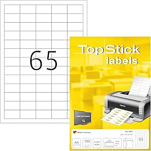 TopStick 8697 - Etiquetas autoadhesivas universales A4 pequeño (38,1 x 21,2 mm, papel) 100 hojas, 65 etiquetas por hoja, 6500 etiquetas, para impresoras inkjet y láser