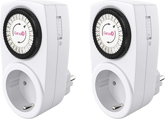 Garza - Temporizador analógico para interiores, juego de 2, enchufe programable, temporizador diario (24 h), máximo 3680 W, 16 a/ 230 V/50 Hz, blanco