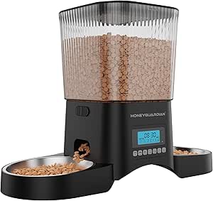 HONEYGUARDIAN Comedero Gato Automatico Doble, 3.5L Dispensador Comida Gatos/Perros 2 Tazones, Alimentador Automatico Gatos con 1-6 Comidas al día, Acero Inoxidable 304, Grabadora de Voz