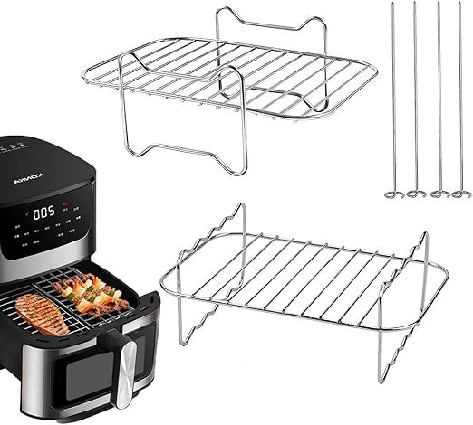 2 Piezas Rejilla para Freidora de Aire 7.6L–10L, Accesorios de Acero Inoxidable 304 con 4 Brochetas, Compatible con Ninja Dual Zone AF300EU AF400EU Cecotec Ultenic y Otras Air Fryer