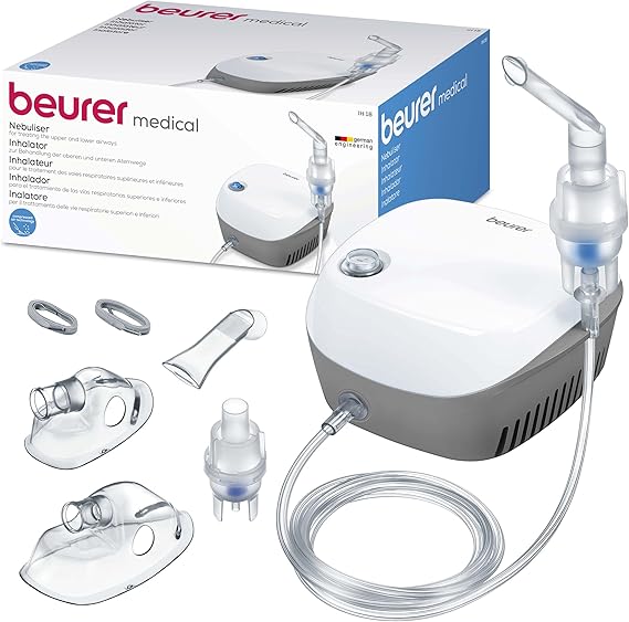 Beurer IH 18 Nebulizador, Inhalador para resfriados y enfermedades respiratorias como asma y EPOC, para la nebulización de medicamentos, nebulizador para adultos y niños, diseño en blanco, compacto