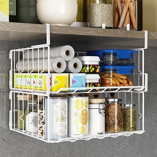 Pinkgarden Organizador de cesta para debajo del gabinete, paquete de 2 estantes plegables de malla de alambre, ahorro de espacio, resistente y duradero, no requiere montaje (blanco, 2 unidades)