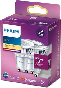 Philips Classic LED GU10 Lampe, 35W, klar, warmweiß, nicht dimmbare Spots, 2er Pack