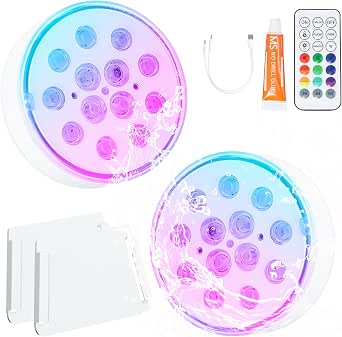 Litinliv 2 Piezas Recargables Luces Sumergibles con Control Remoto, 16 Colores Piscina Luz LED Impermeable IP68, Bajo El Agua Luz, Luces para Piscina Desmontable para Decoración Acuario, Estanque
