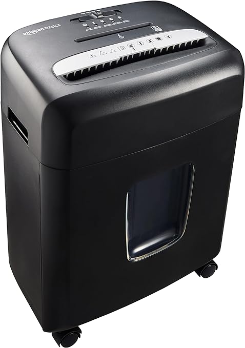 Amazon Basics Trituradora de Papel de Corte en Micropartículas, de 8 Hojas, con Ventana Transparente, para documentos, CD y Tarjetas de Crédito, Papelera de 15L, Color Negro