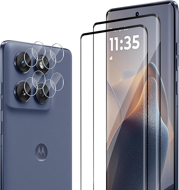 ELYCO Cristal Templado para Motorola Moto Edge 60 Fusion/Edge 60/Edge 60 Pro, 2 Piezas 3D Protector de Pantalla + 2 Piezas Protector de Lente Cámara, 9H Dureza Anti-Rasguños, HD Vidrio Templado