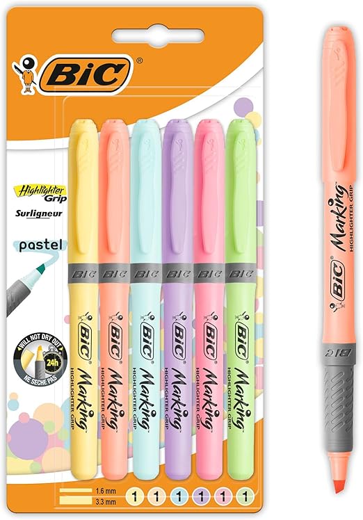 BIC Highlighter Grip Pastel Marcadores de Punta Biselada Regulable - Colores surtidos, Pack de 6 subrayadores pastel, Óptimo para Material Escolar y de Oficina