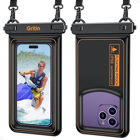 Gritin Funda Impermeable Móvil, IP68 Flotante Bolsa Estanca Móvil, Cuerda Ajustable & Alta Sensibilidad Universal Bolsa Móvil Impermeable para Todos los Celular hasta 7.2"-Negro