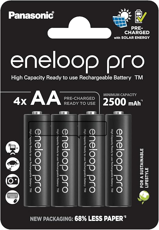eneloop Pro, Pilas Recargables AA/Mignon, Paquete de 4, Capacidad de mín. 2500 mAh, Pilas Ni-MH, Listas para Usar, Recargables hasta 500 Veces, Embalaje sin plástico, Pro, Negras