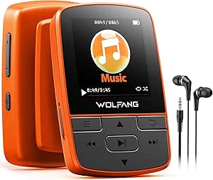 WOLFANG Reproductores MP3 con Bluetooth 5.2, Clip Deportivo, tamaño Mini, Peso de 1 Onza, Admite Tarjetas TF de hasta 128 GB, Radio FM HiF, grabadora de Voz, Auriculares incluidos, Naranja