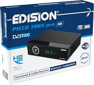 EDISION Picco T265 Pro HD Modelo 2024 Receptor Terrestre TDT & por Cable DVB-T2/C H.265 HEVC FTA Full HD PVR, USB, HDMI, SCART, S/PDIF, Sensor IR, Soporte USB WiFi, Mando a Distancia Universal 2en1