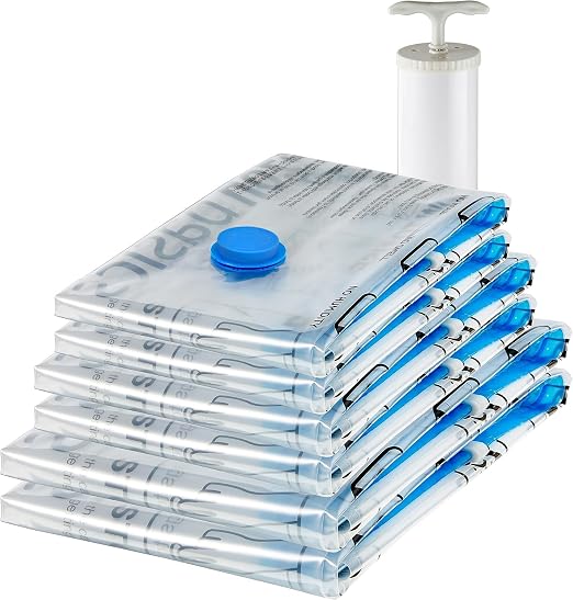 Amazon Basics Bolsas de vacío Cremallera para Almacenamiento, Incluyen Boca para Aspirador, 6 Unidad (2 extragrandes, 2 Grandes y 2 Medianas), Transparente